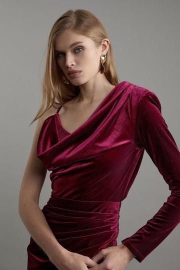 Velvet Asymmetric One Shoulder Tailored Maxi Dress merlot