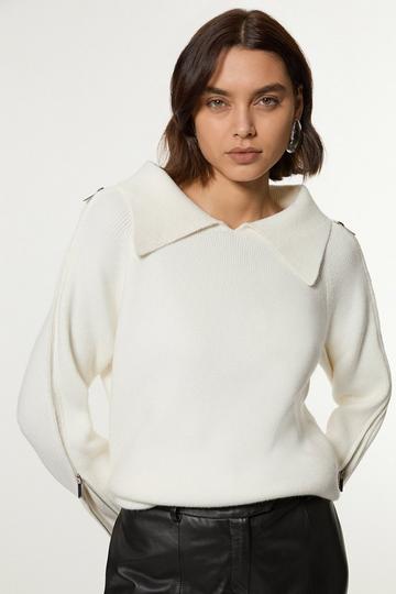 Cream White Compact Wool Look Zip Detail Fly Collar Sweater