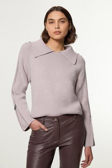 Compact Wool Look Zip Detail Fly Collar Sweater lilac