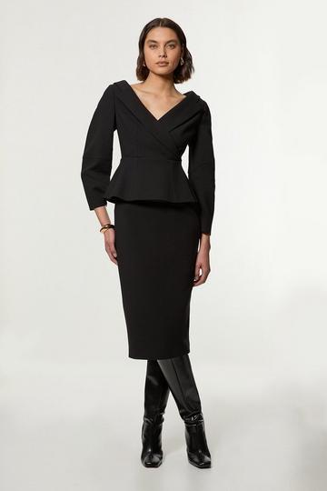 Black Compact Stretch Tailored Assymetric Peplum Pencil Midiaxi Dress