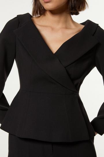 Black Compact Stretch Tailored Assymetric Peplum Jacket