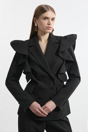 Tailored Drama Ruffle Double Breasted Blazer black