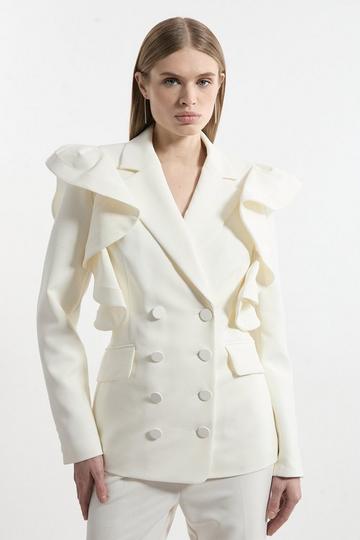 Tailored Drama Ruffle Double Breasted Blazer ivory