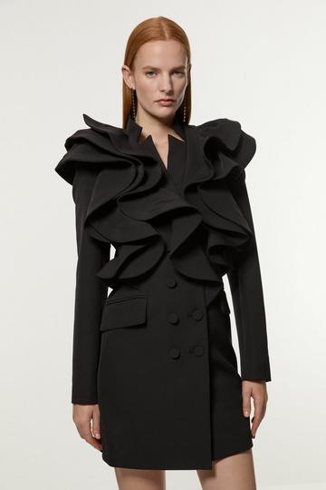 Black Tailored Drama Ruffled Double Breasted Blazer Dress