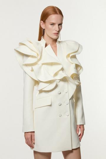 Tailored Drama Ruffled Double Breasted Blazer Dress ivory