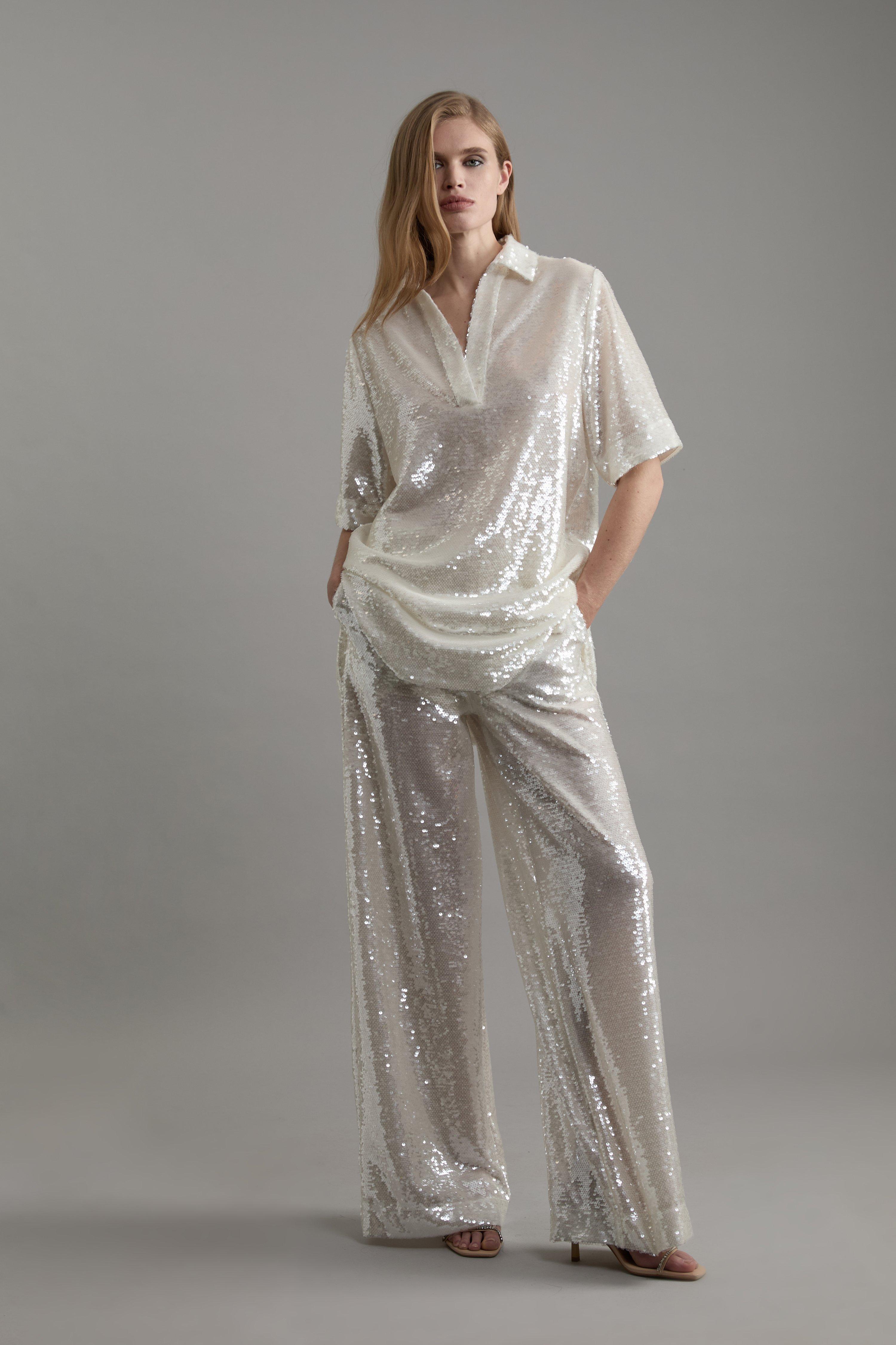 Silver Tall Sequin Woven Wide Leg Pants