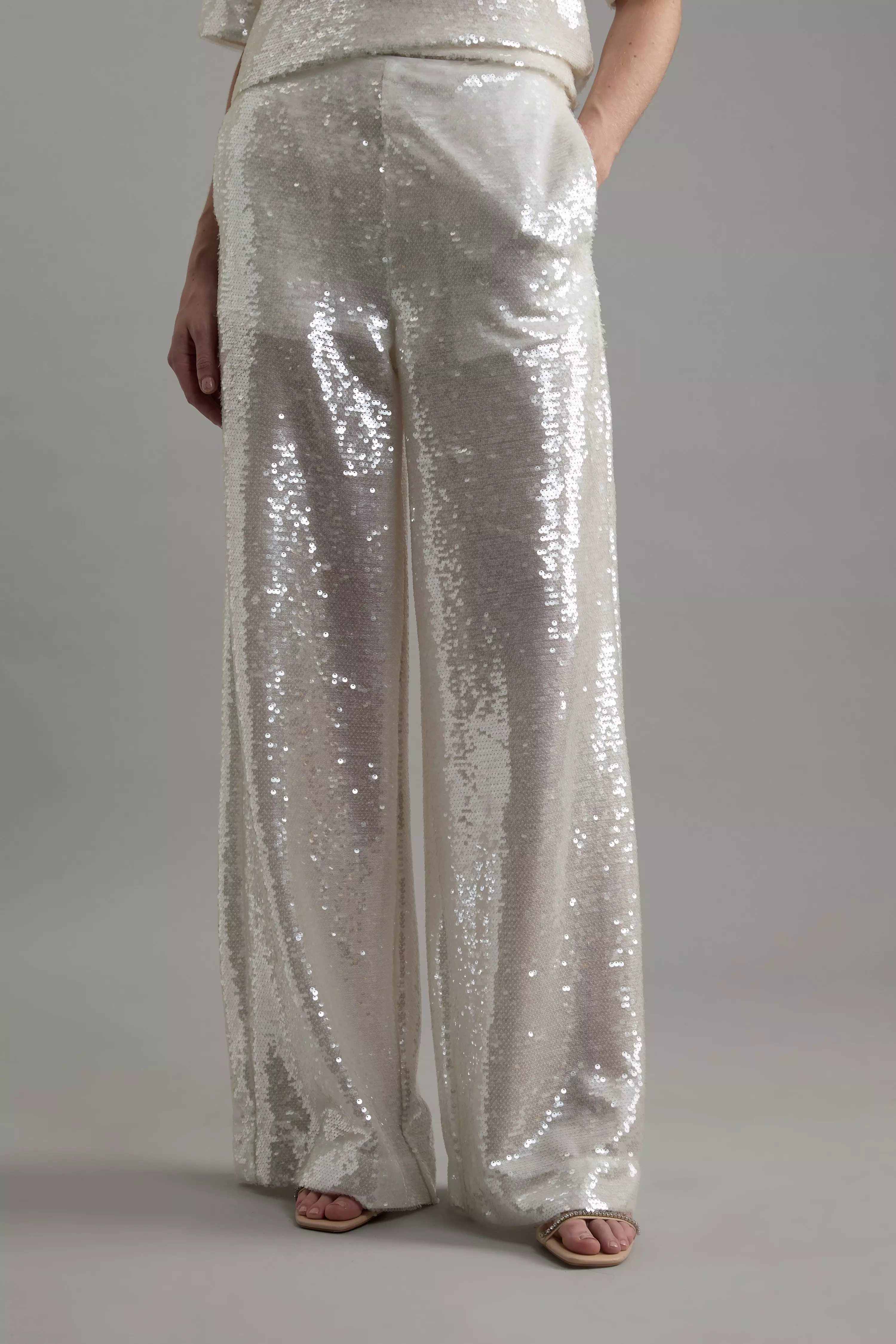 Karen Millen Womens Tall Sequin Woven Wide Leg Pants Silver Size 8