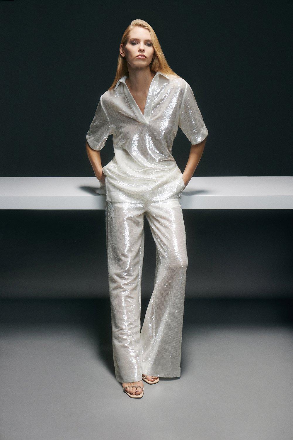 Silver Sequin Woven Wide Leg Trouser