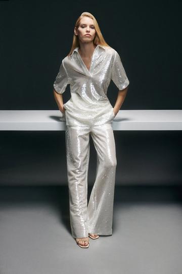 Sequin Woven Wide Leg Trouser silver