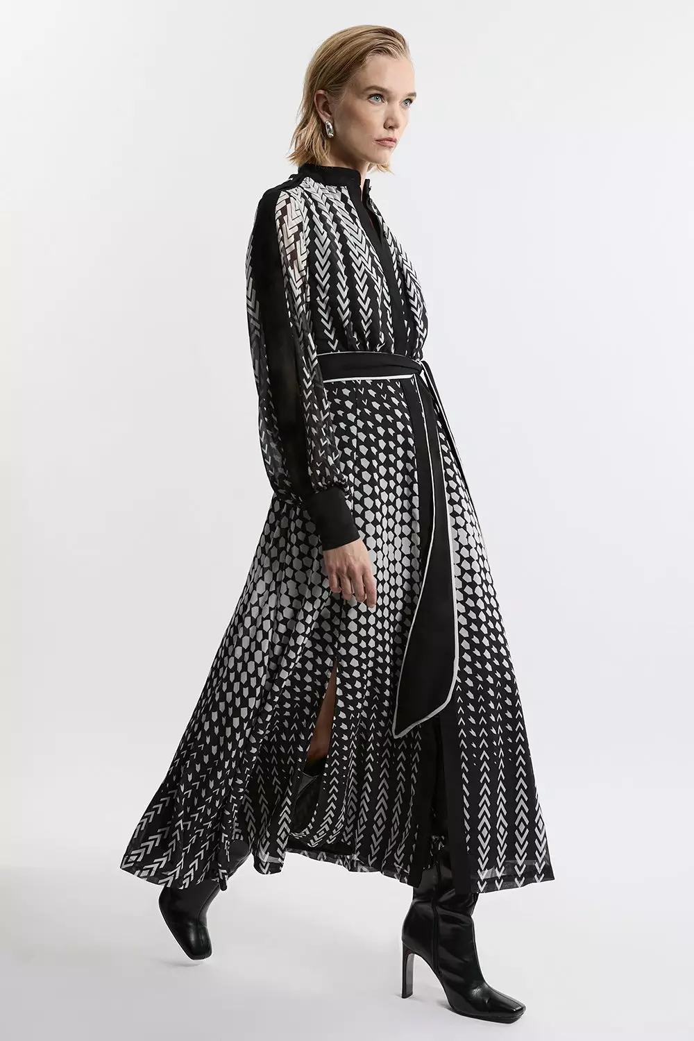 【KAREN MILLEN】プチ フローラル ボーダー シャツ ミディドレス Tipped Border Print Georgette Maxi Dress | Karen Millen