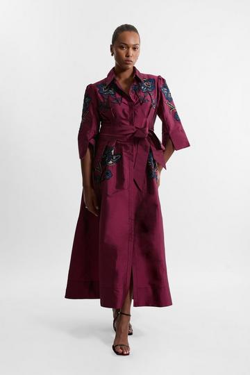 Lydia Millen Plus Size Embellished Taffeta Woven Shirt Dress wine