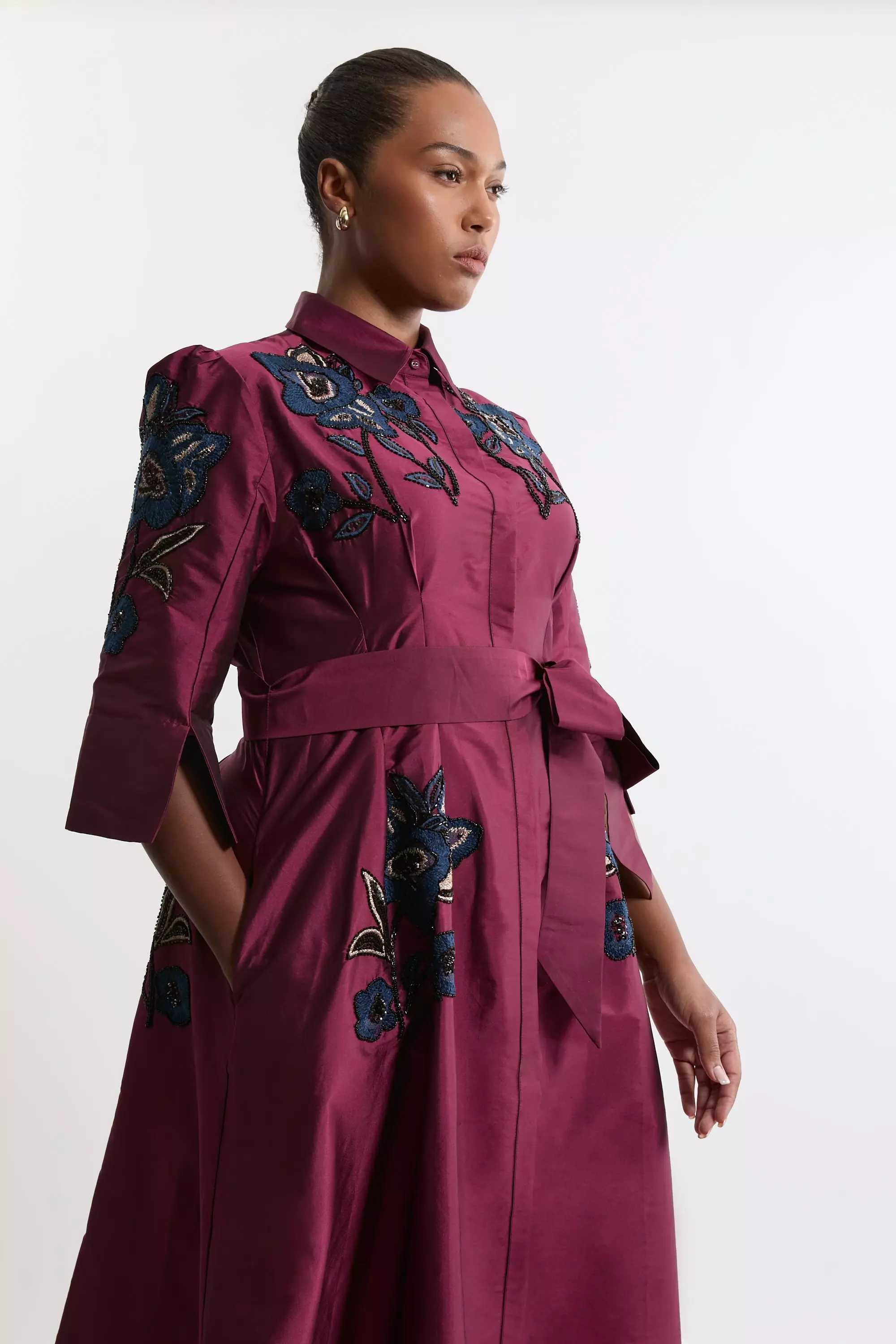 Lydia Millen Plus Size Embellished Taffeta Woven Shirt Dress