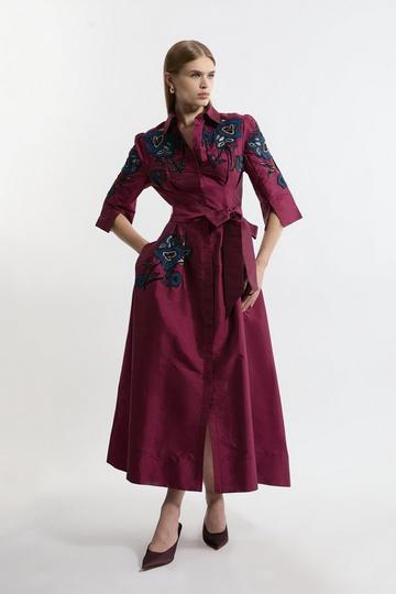 Lydia Millen Tall Embellished Taffeta Woven Shirt Dress wine