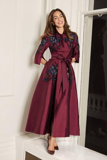 Lydia Millen Embellished Taffeta Woven Shirt Dress wine