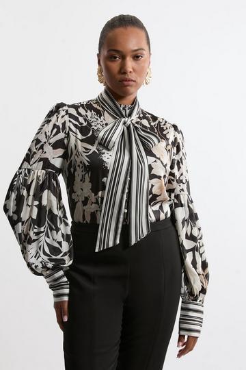 Plus Size Floral Tie Neck Woven Blouse floral