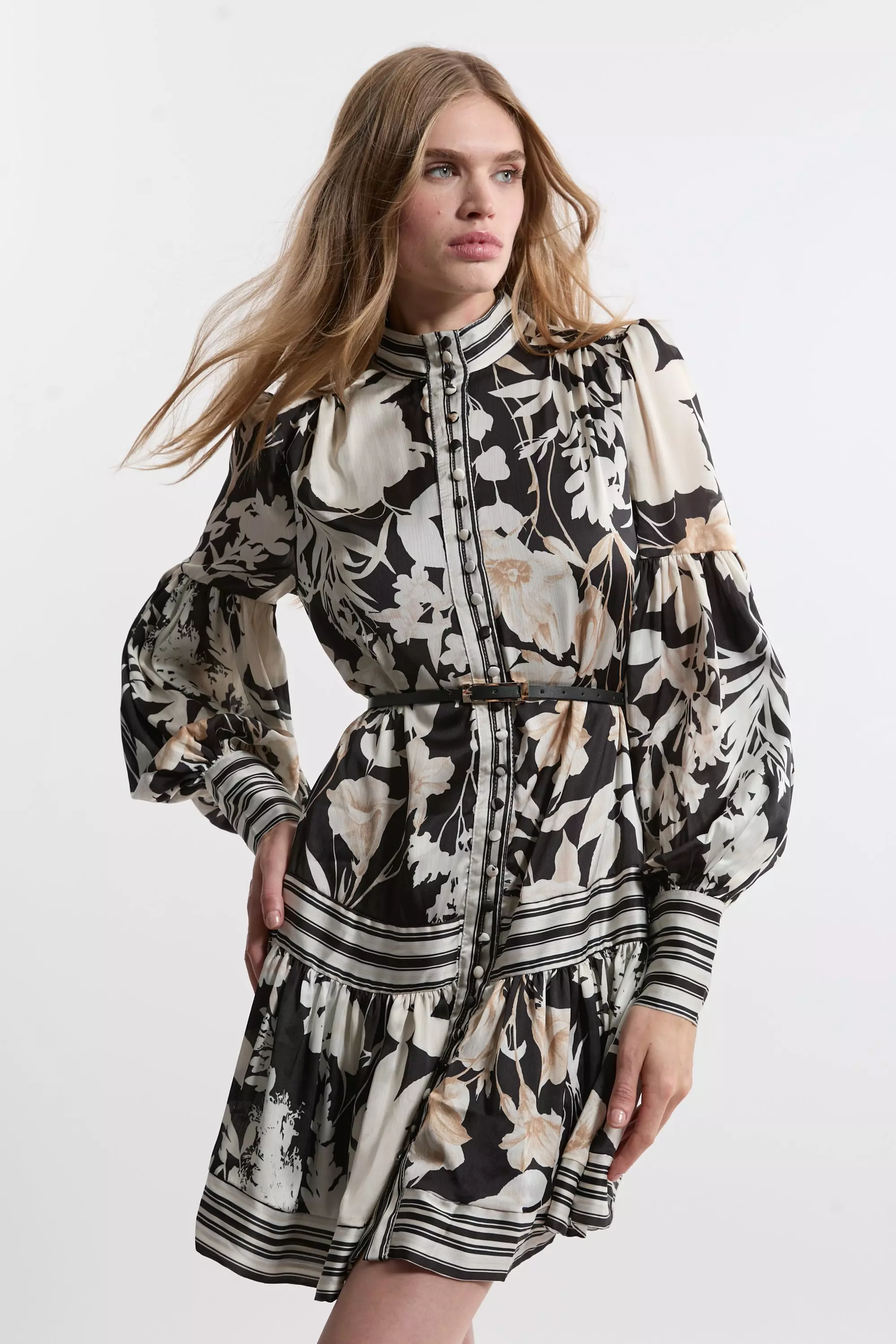 Floral Pleated Belted Woven Mini Dress Karen Millen