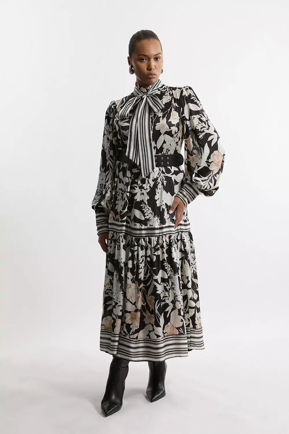Plus Size Floral Pleated Tie Neck Woven Midaxi Dress Karen Millen