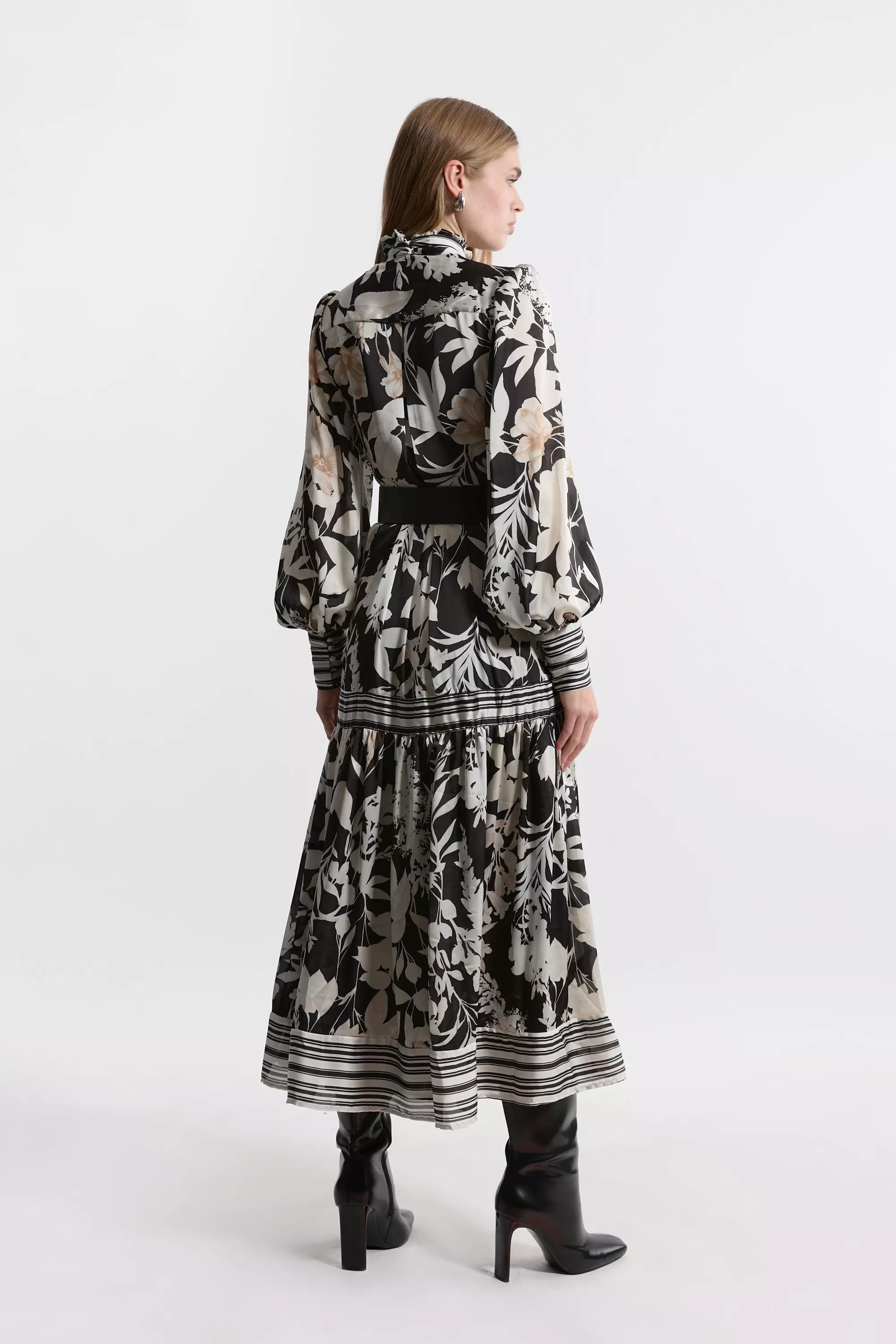 Floral Pleated Tie Neck Woven Midaxi Dress | Karen Millen