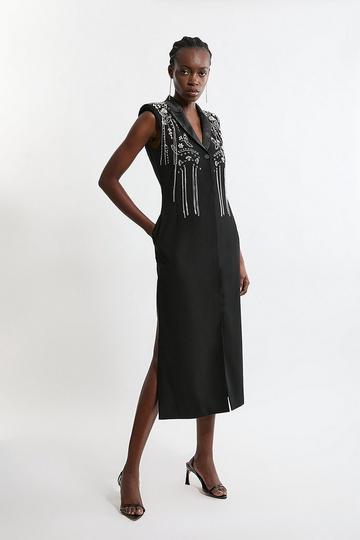 Tall Embellished Detail Plunge Collared Woven Maxi Dress black