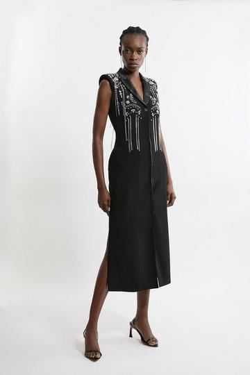 Embellished Detail Plunge Collared Woven Maxi Dress black