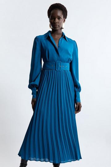 Pleated Woven Maxi Shirt Dress With Belt teal