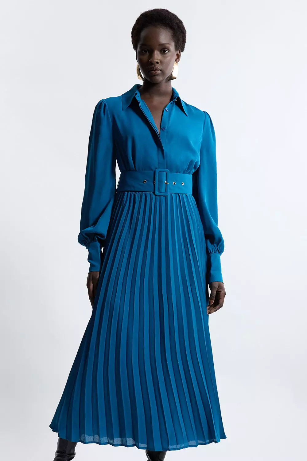 Karen Millen Womens Pleated Woven Maxi Shirt Dress with Belt Blue Size 6