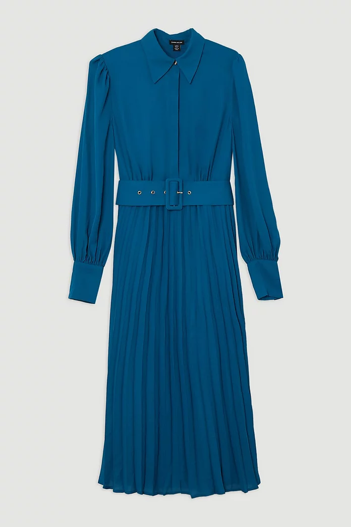 Pleated Woven Maxi Shirt Dress With Belt | Karen Millen Pleated Woven Maxi Shirt Dress With Belt | Karen Millen