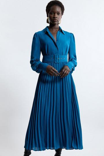 Tall Pleated Woven Midaxi Shirt Dress With Belt teal