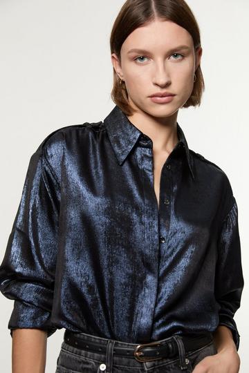 Metallic Woven Collared Shirt navy