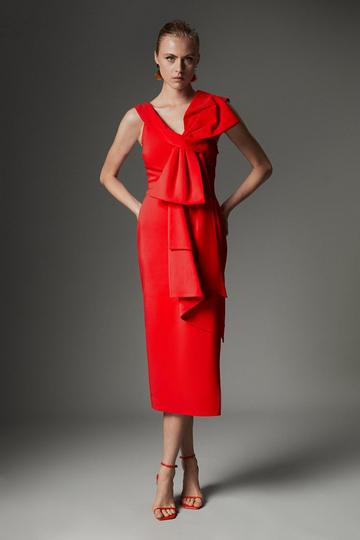 Archive Collection - Petite Bow Detail Asymmetric Off The Shoulder Midaxi Dress red