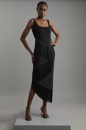 Black Petite Fringe Tassel Drape Tailored Pencil Midi Dress