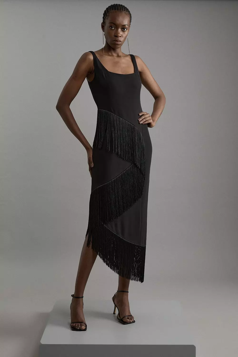 Black fashion midi fringe dress