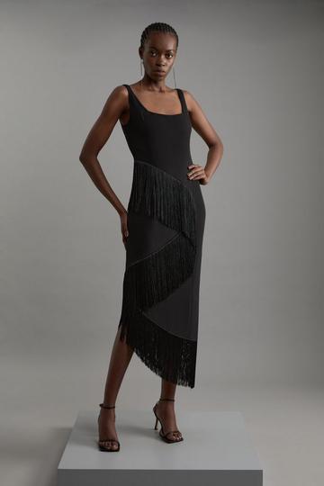 Black Fringe Tassel Drape Tailored Pencil Midi Dress