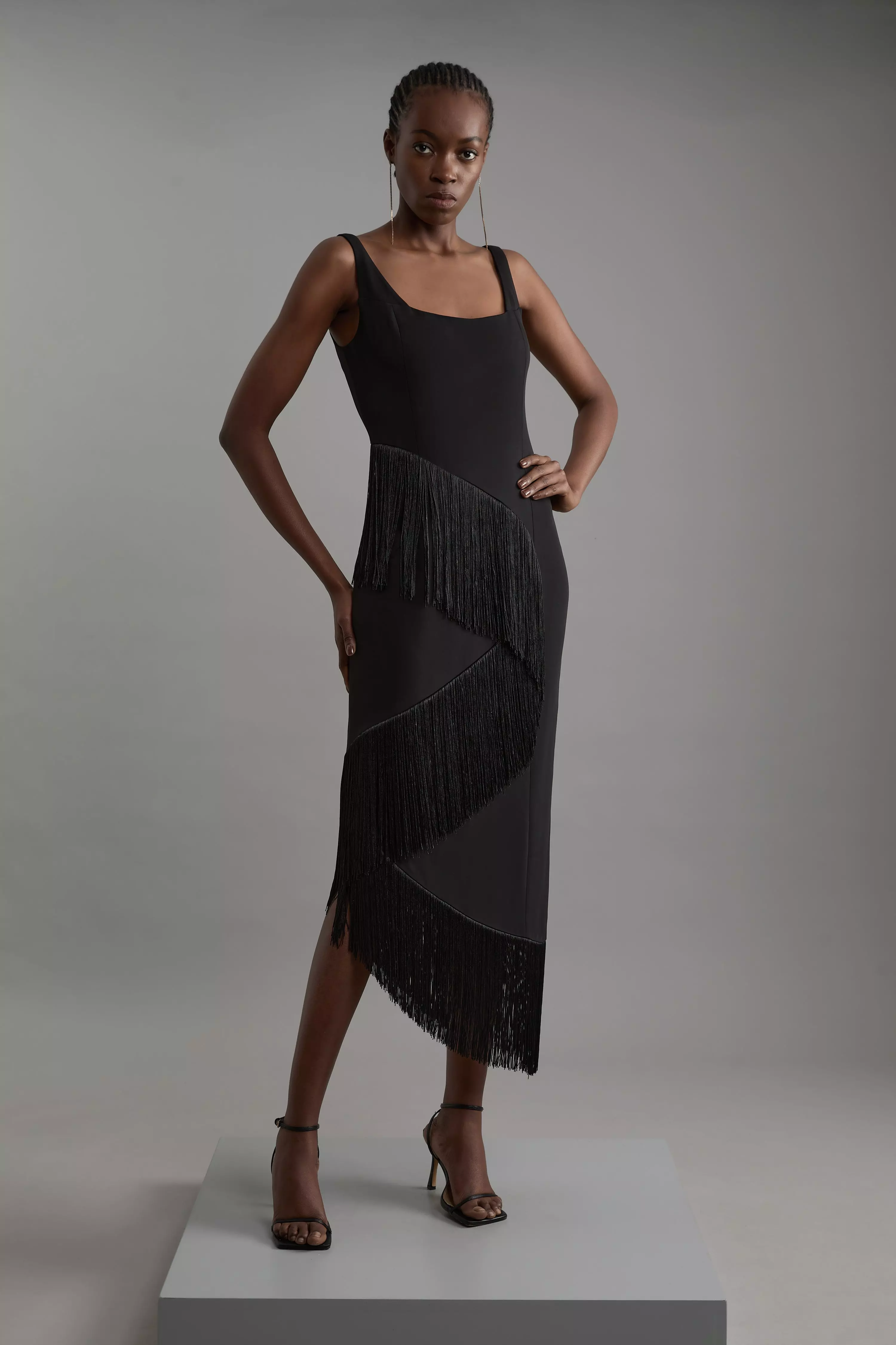 Fringe Tassel Drape Tailored Pencil Midi Dress Karen Millen