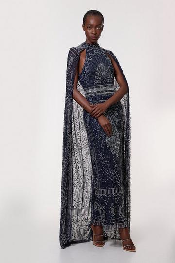 Navy Petite Embellished Detail Drapey Woven Maxi Dress