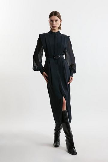 Twill Pencil Woven Midi With Crinkle Sleeve navy