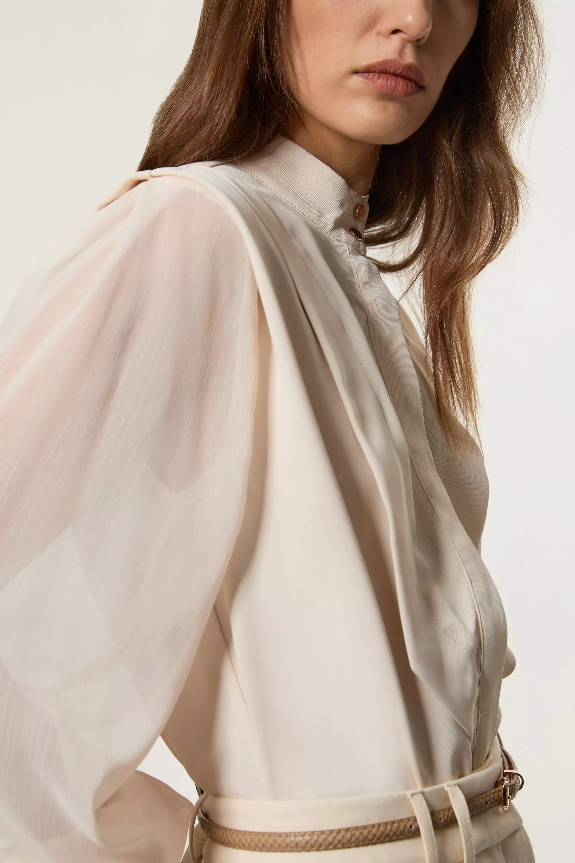 Crinkle Balloon Sleeve High Neck Woven Shirt | Karen Millen