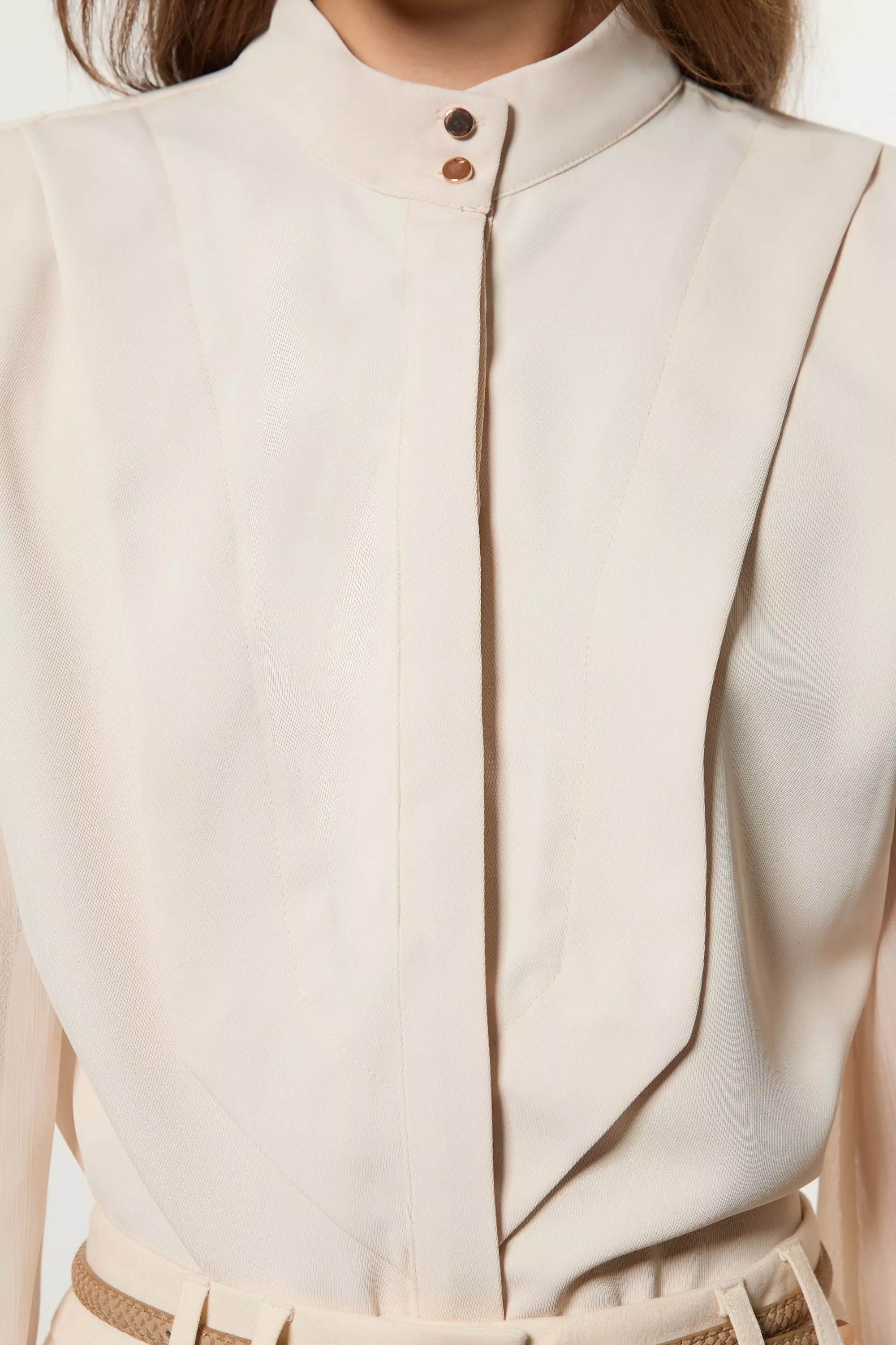 Crinkle Balloon Sleeve High Neck Woven Shirt | Karen Millen