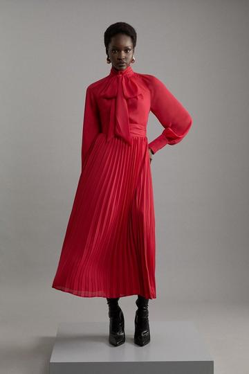 Red Petite Pleated Tie Neck Woven Midaxi Dress With Belt