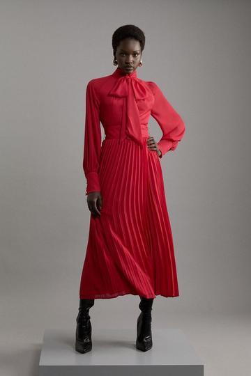 Red Pleated Tie Neck Belted Woven Midaxi Dress