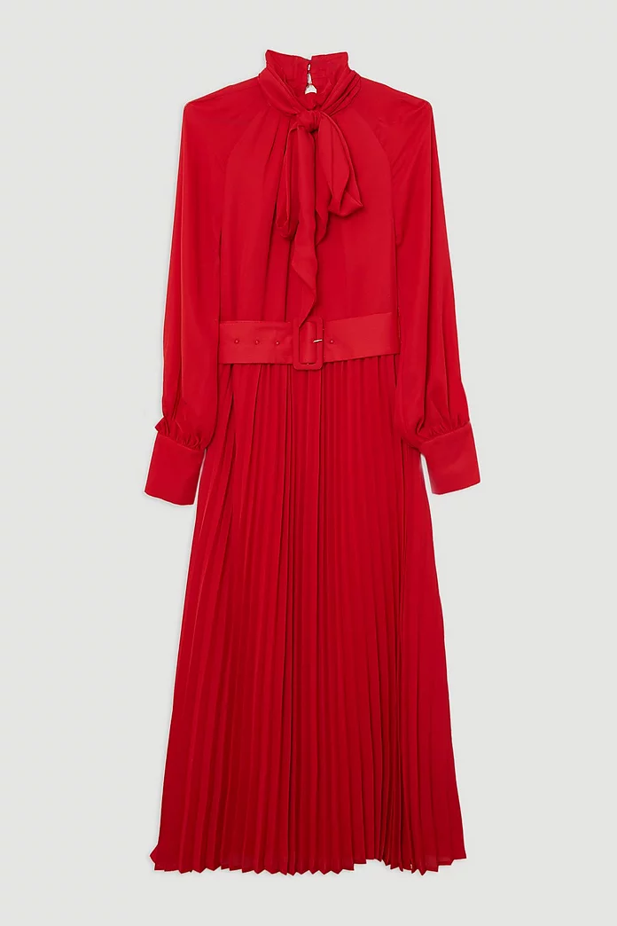 Pleated Tie Neck Woven Maxi Dress With Belt | Karen Millen Pleated Tie Neck Woven Maxi Dress With Belt | Karen Millen