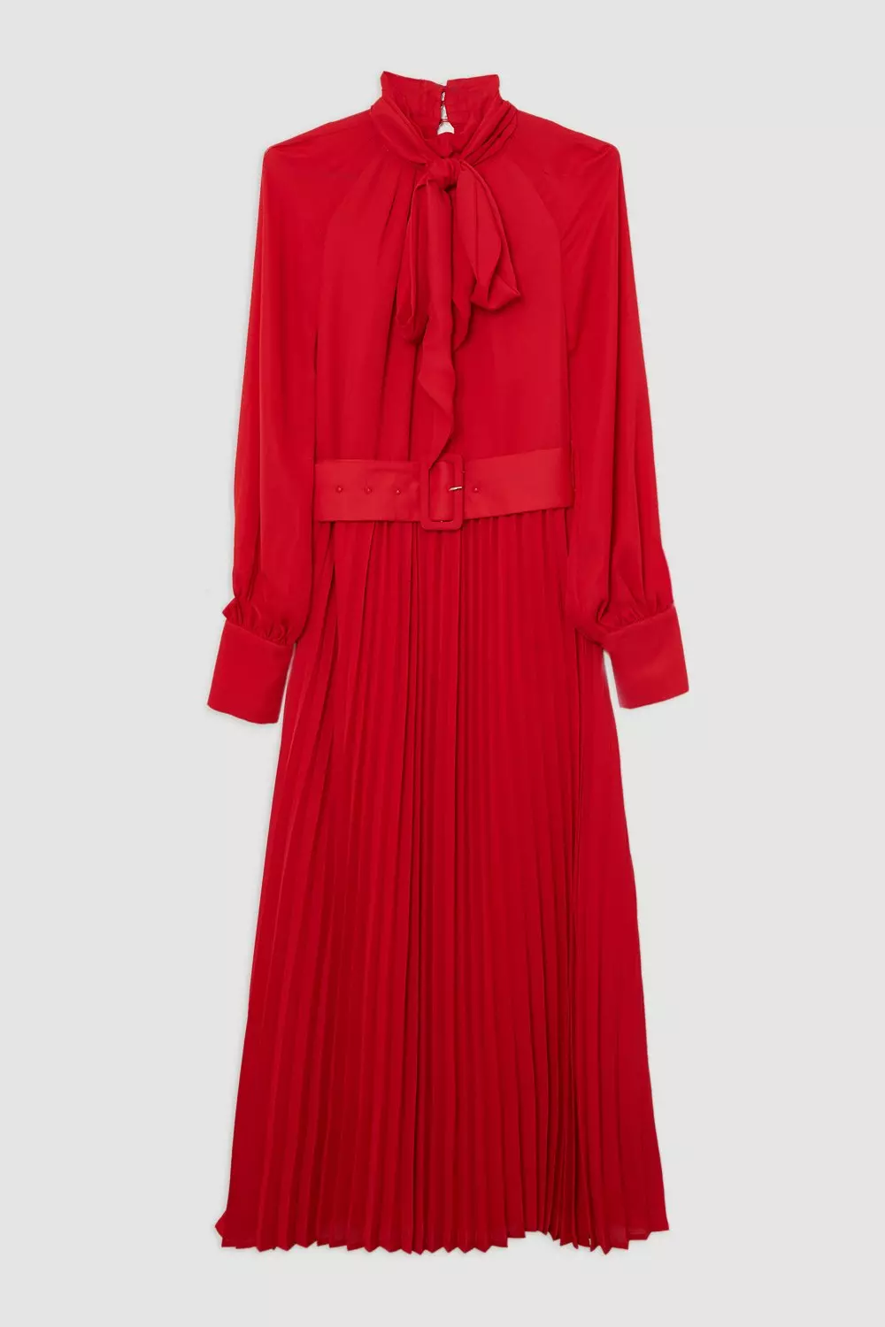Pleated Tie Neck Woven Maxi Dress With Belt | Karen Millen