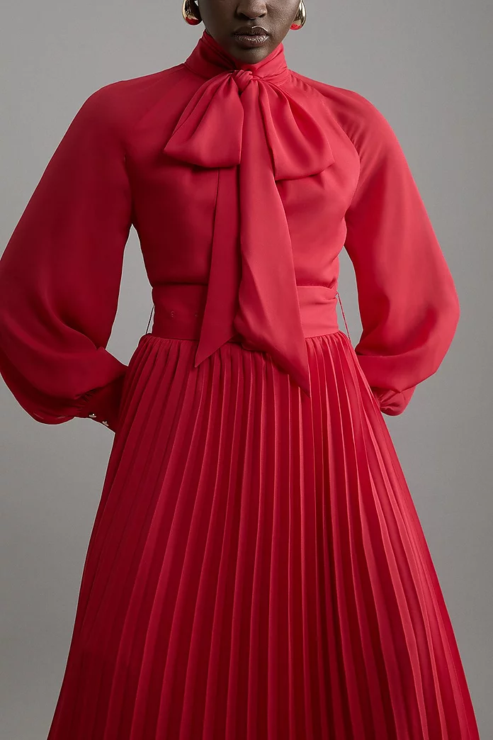 Pleated Tie Neck Woven Maxi Dress With Belt | Karen Millen Pleated Tie Neck Woven Maxi Dress With Belt | Karen Millen