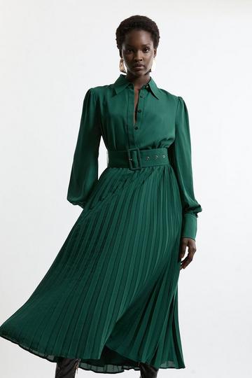 Pleated Woven Midaxi Shirt Dress With Belt forest