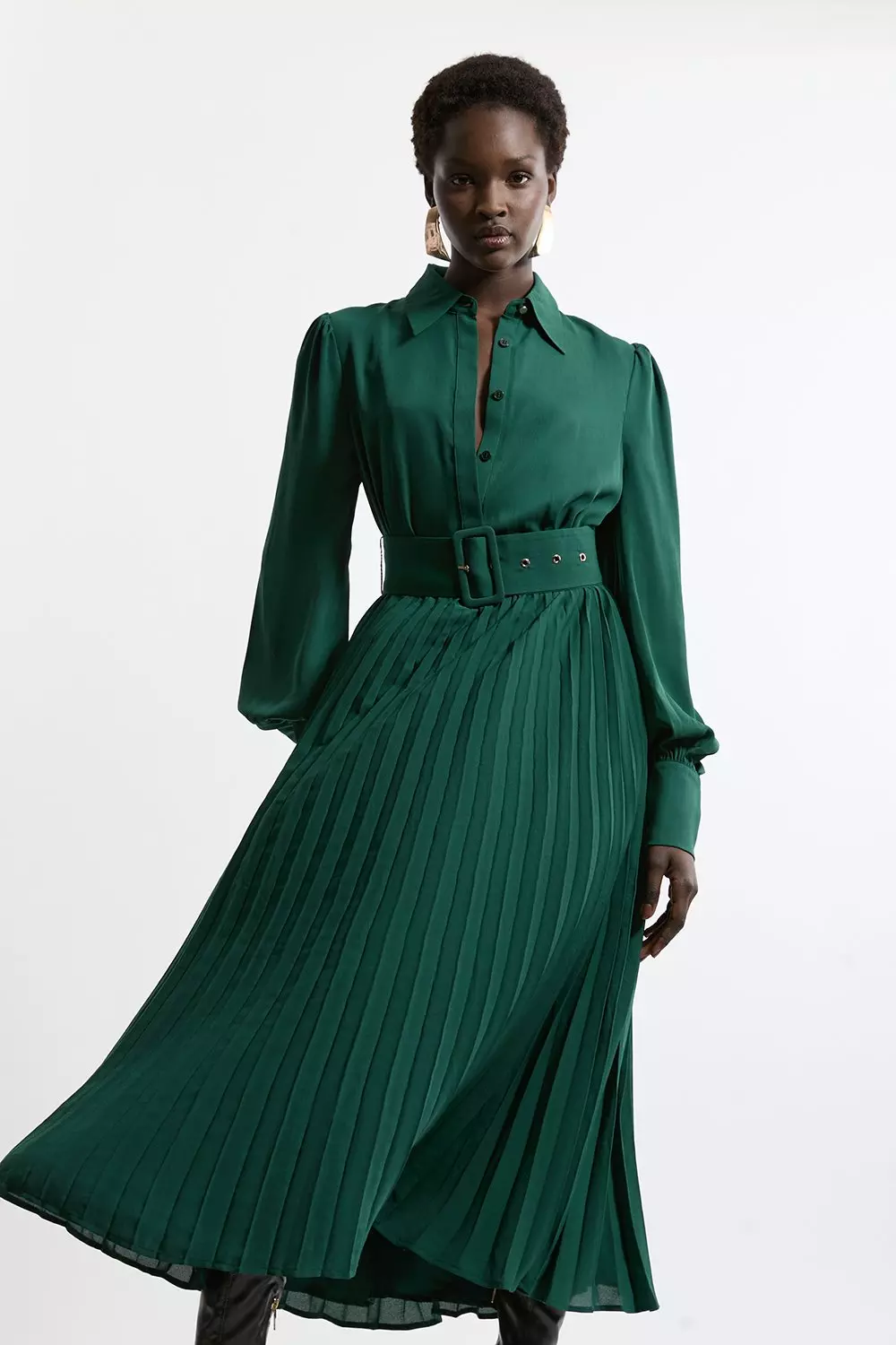 Karen Millen Womens Pleated Woven Midaxi Shirt Dress with Belt Green Size 4