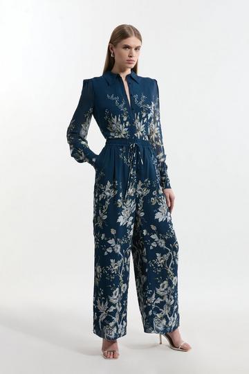 Border Print Viscose Piped Woven Wide Leg Trouser dark navy