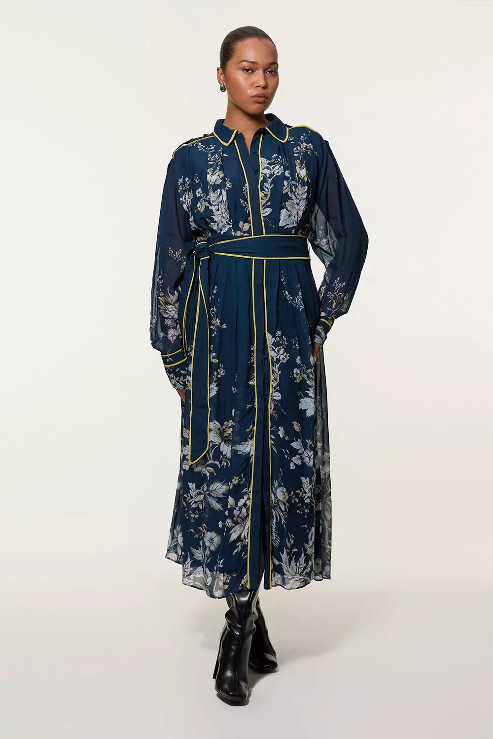 Dark navy Plus Size Border Print Viscose Piped Woven Shirt Balloon Sleeve Maxi Dress alternative image