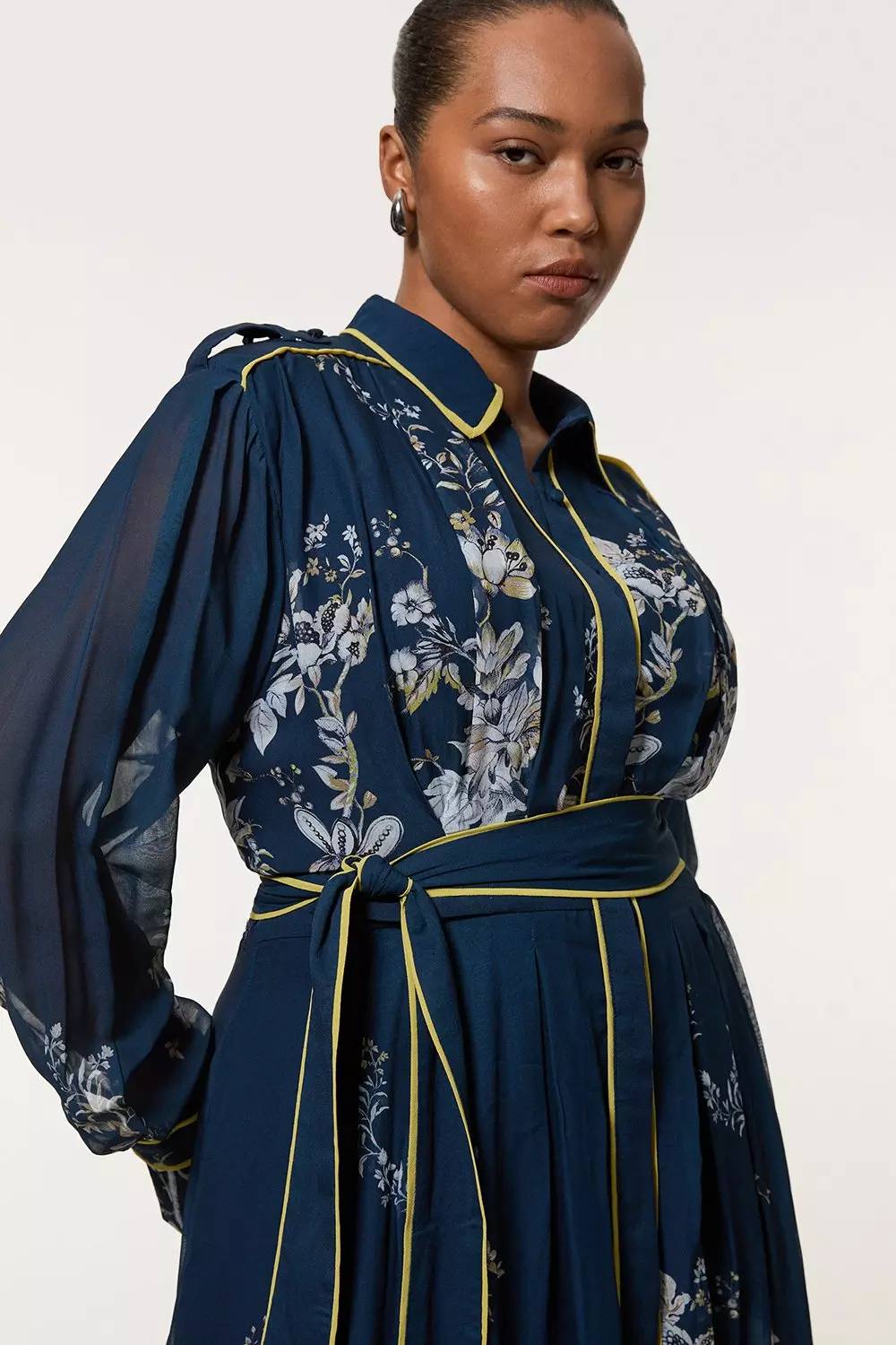 Dark navy Plus Size Border Print Viscose Piped Woven Shirt Balloon Sleeve Maxi Dress alternative image
