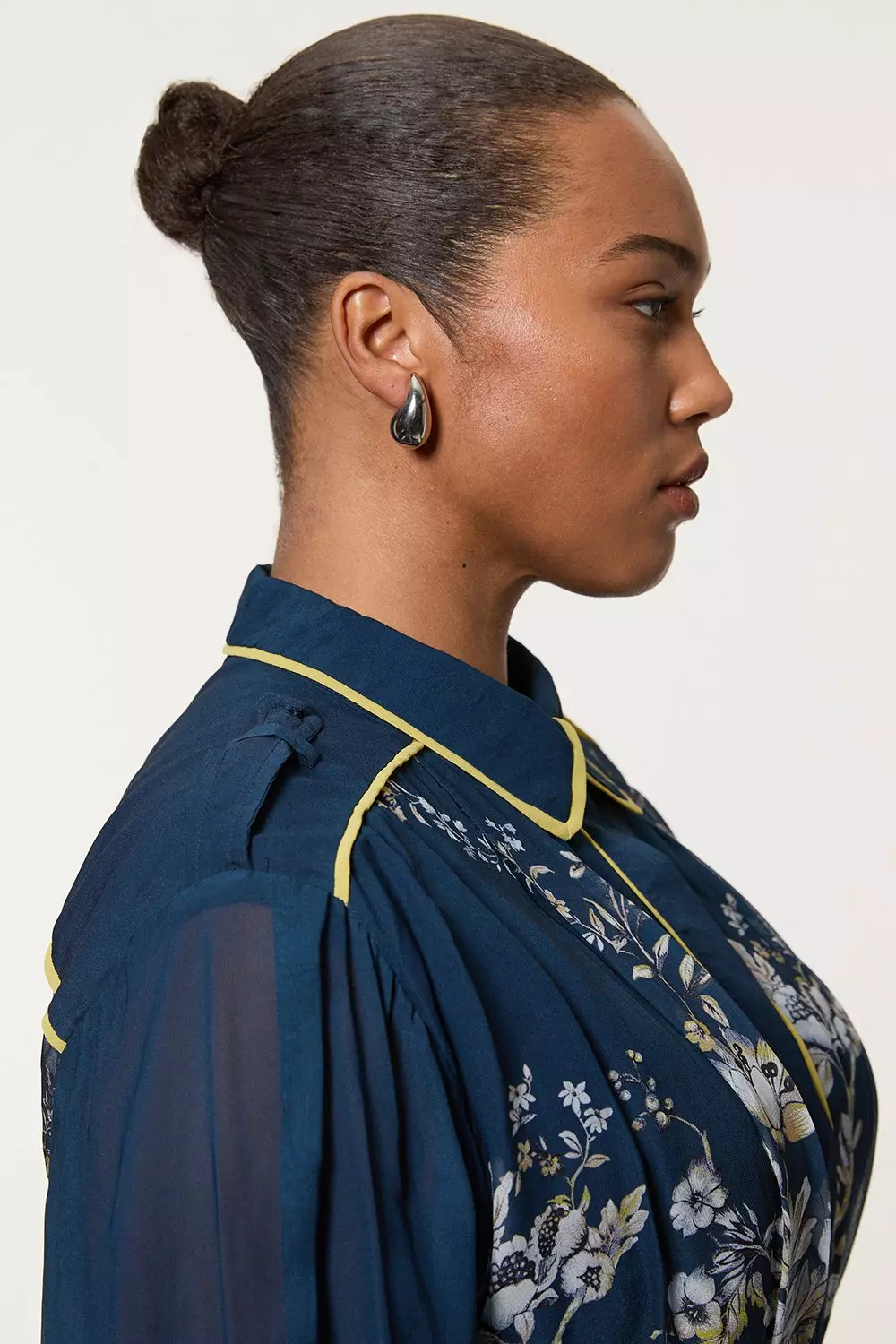 Dark navy Plus Size Border Print Viscose Piped Woven Shirt Balloon Sleeve Maxi Dress alternative image