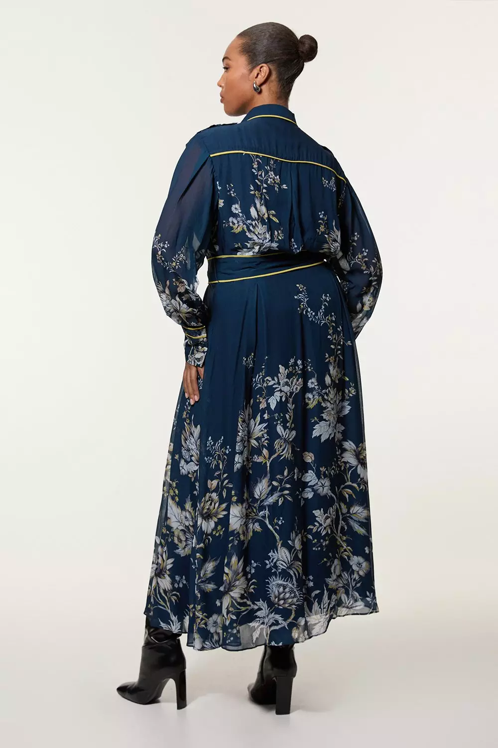 Dark navy Plus Size Border Print Viscose Piped Woven Shirt Balloon Sleeve Maxi Dress alternative image